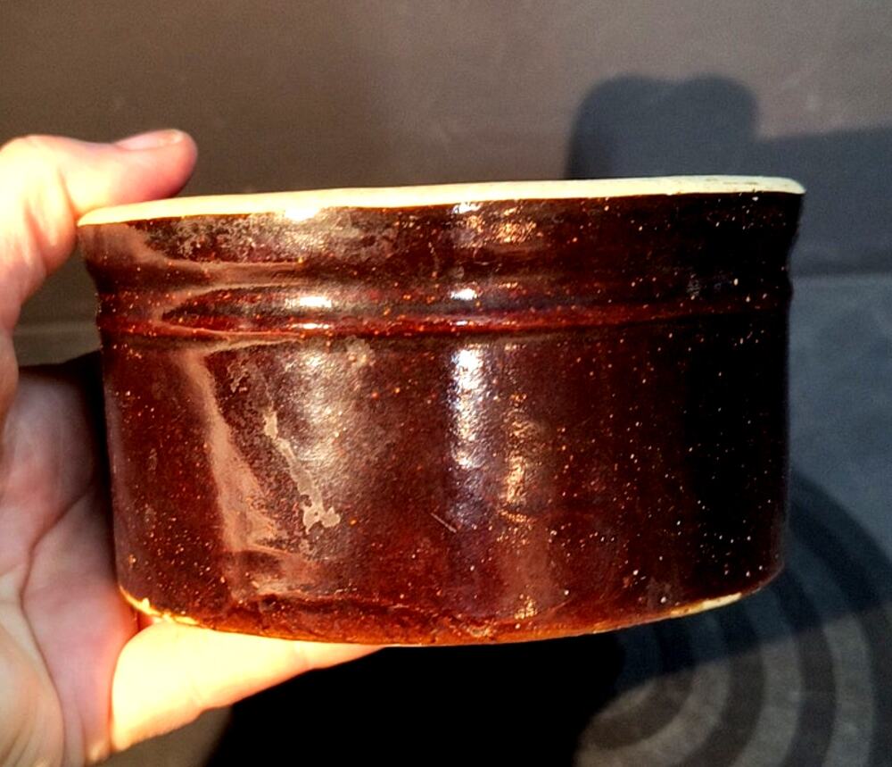 869. Small Antique Stone Crock Dark Brown Glaze